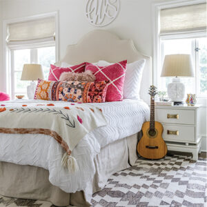 Southern Home January/February 2022 White Bedroom with Guitar by bed