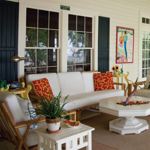Southern Home Vintage Cottage White Outdoor Furniture with Red Pillows
