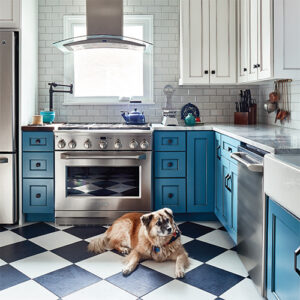 Southern Home Vintage Cottage Kitchen with Blue Cabinets Black and White Floors and Brown Dog