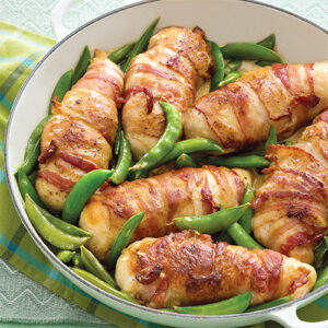 Cooking with Paula Deen March/April 2022 Bacon Wrapped Chicken with Sugar Snap Peas