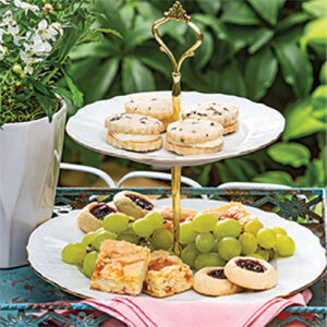 Blondie Bites, Blueberry Coconut Lime Thumb Print Cookies, and Lemon Lavender Shortbread Sandwich Cookies Featured In TeaTime May June 2022
