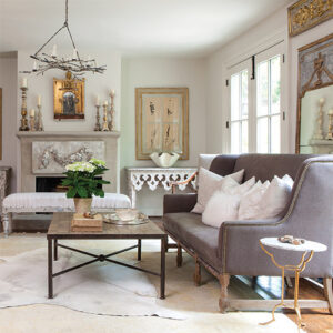 Grey and White Living Room With Fireplace Featured in Southern Home French Home Style 2022