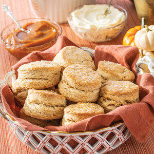 Biscuits in napkin lined woven basket