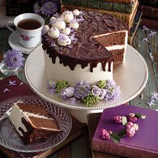 chocolate cake cut on tray