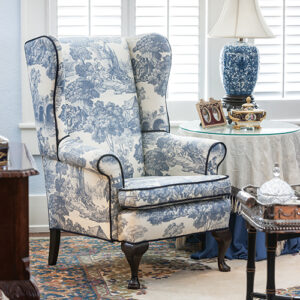 Blue and white floral chair