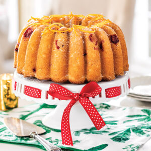 Bundt cake on ribbon tray