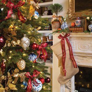 Christmas tree next to fireplace