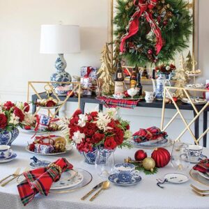 Blue & White tea cups with red and green napkin decor