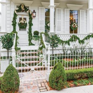 Garland home decor on front porch