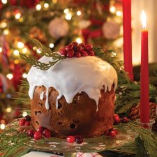 Christmas Cake in front of christmas tree