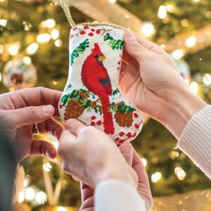 Miniature stocking with a red cardinal on it