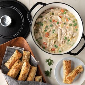 Creamy Chicken Noodle Soup with Bread Sticks