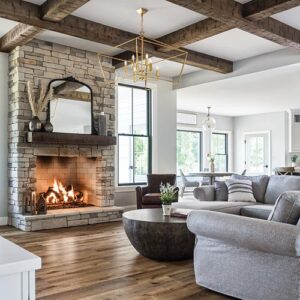 Neutral living room with brick fire place