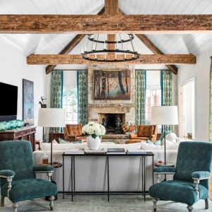 Living room with wooden and teal accents