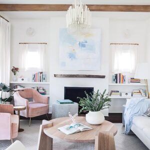 living room with blue and pink accents