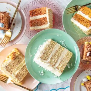 cake slices on colorful plates