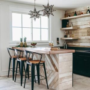 Wood accented kitchen and bar