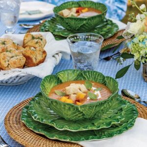 lunch in green glass table setting