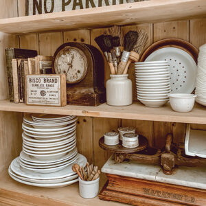 Vintage open shelving with plates and utensils