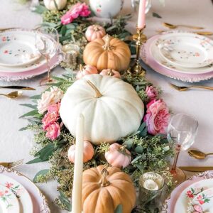 Pumpkin and pink floral tablescape