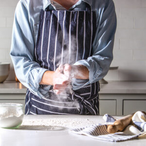 Navy striped apron styled