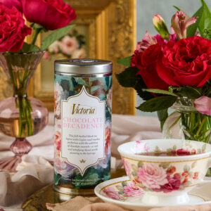 Styled chocolate decadence tea with roses and tea cup