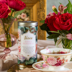 Styled daily renewal tea with roses and tea cup
