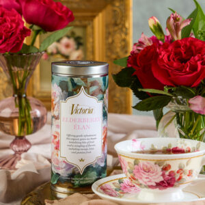 Styled elderberry elan tea with roses and tea cup