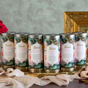 Stylized tea tins in a row