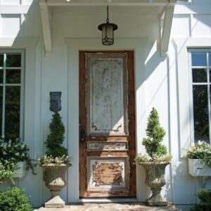 French Home Style 2025 featuring rustic front door with topiaries