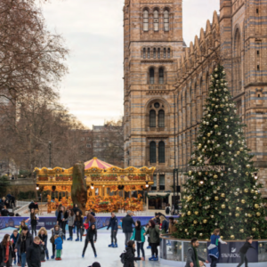 Victoria The Splendor of Christmas book interior photo featuring Christmas tree at ice skating rink