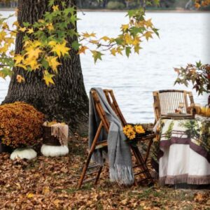 The Cottage Journal Autumn lakeside table settings outdoor dining with mums and pumpkin