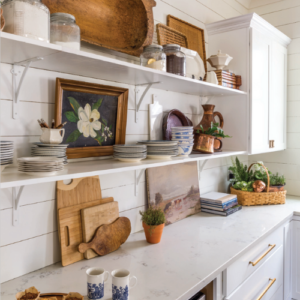 HomeStyle Magazine image featuring open shelving in white kitchen