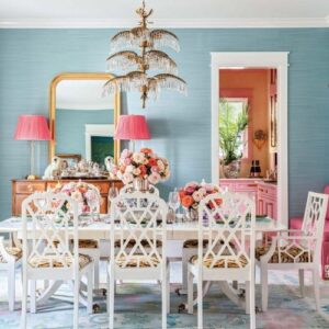 Southern Lady Dining room with blue walls and pink accents