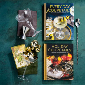 Every Day Coupetails and Holiday Couptails Books with Cocktail Making Tools, and Christmas Decoration