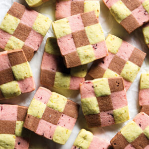 Cut cookie with pink, green, and brown