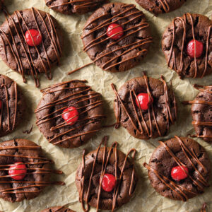 Chocolate cookie with red candy