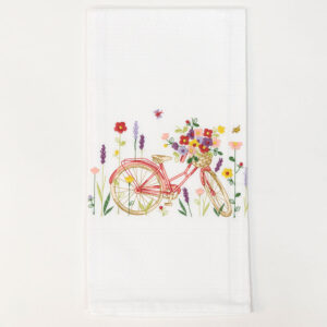 White tea towel with embroidered pink bicycle
