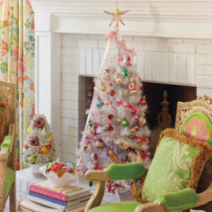 Pink Christmas tree with green chairs