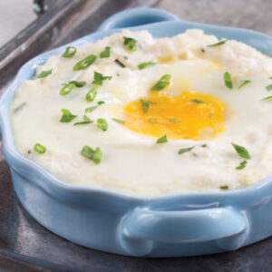 Egg dish with blue casserole dish
