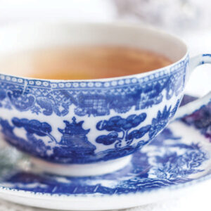 Blue and white tea cup and saucer