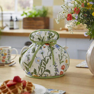 Cottage garden muff tea cosy on kitchen counter
