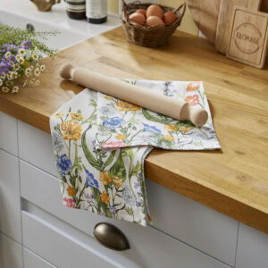 Cottage Garden tea towel on kitchen counter
