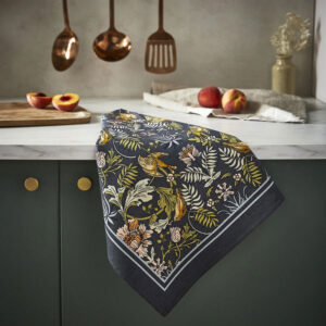 Finch and Flower tea towel on kitchen counter