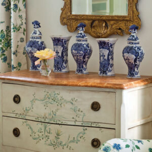 Dresser with blue and white vases