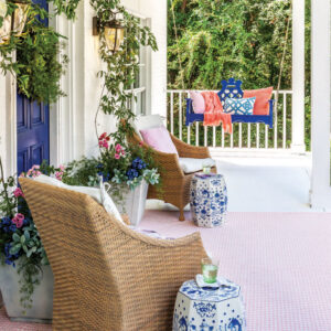 Porch with chairs and blue and white vases