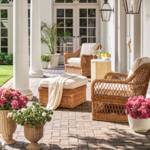 Outdoor space with brown chairs and florals