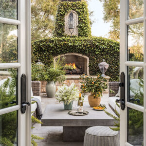Outdoor patio with greenery and fireplace
