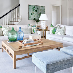 Living room with beige table and blue and green accents