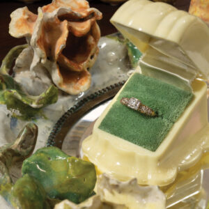 White jewelry box with green velvet, ring